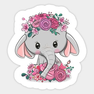 Cute little elephant with flowers on his head. Sticker